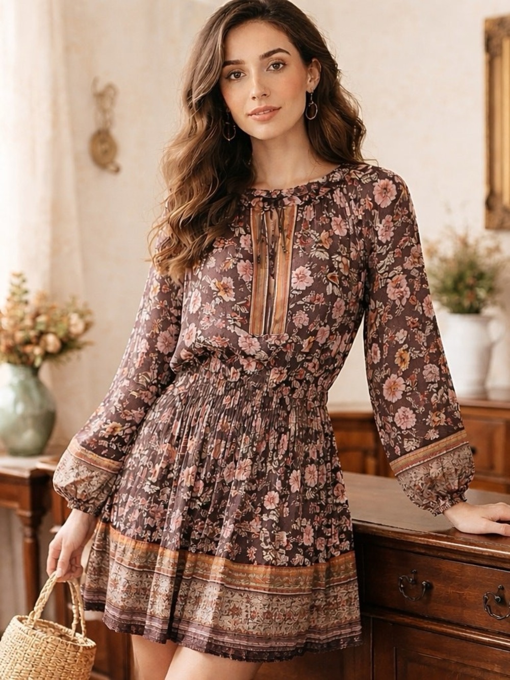 Current Air Anthropologie Brown Floral Long Sleeve Smocked Mini Dress